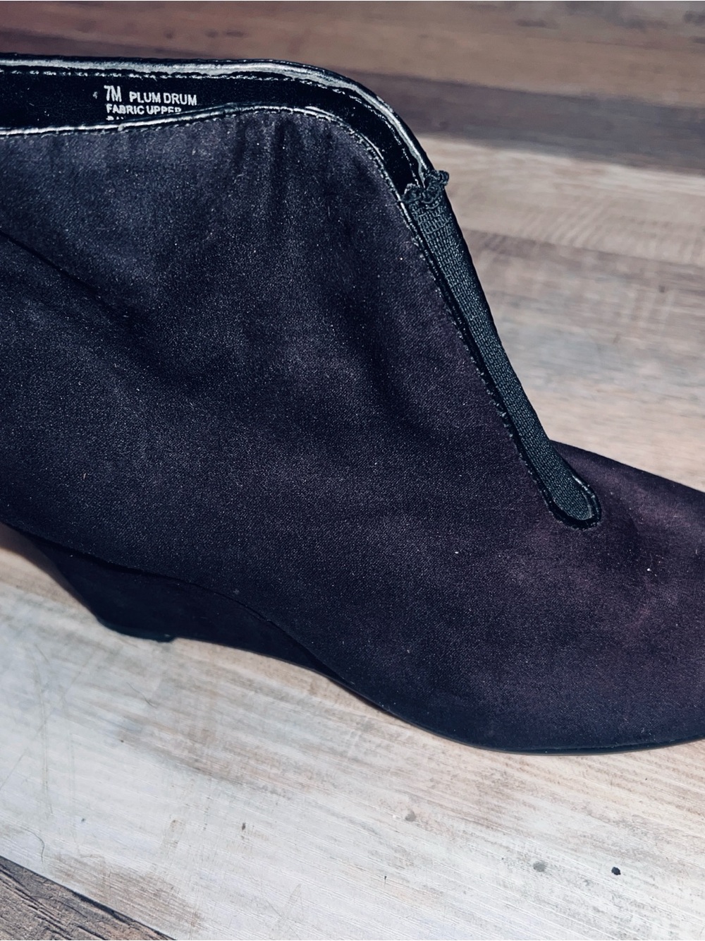 Plum Suede Ankle Bootie with Low Wedge Heel